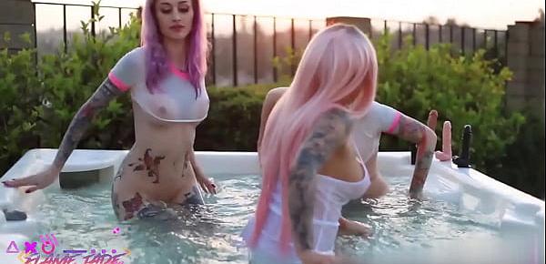  Color-Haired Lesbians Masturbate Pussys Sex Toys near the Pool and Smoking Flame Jade
